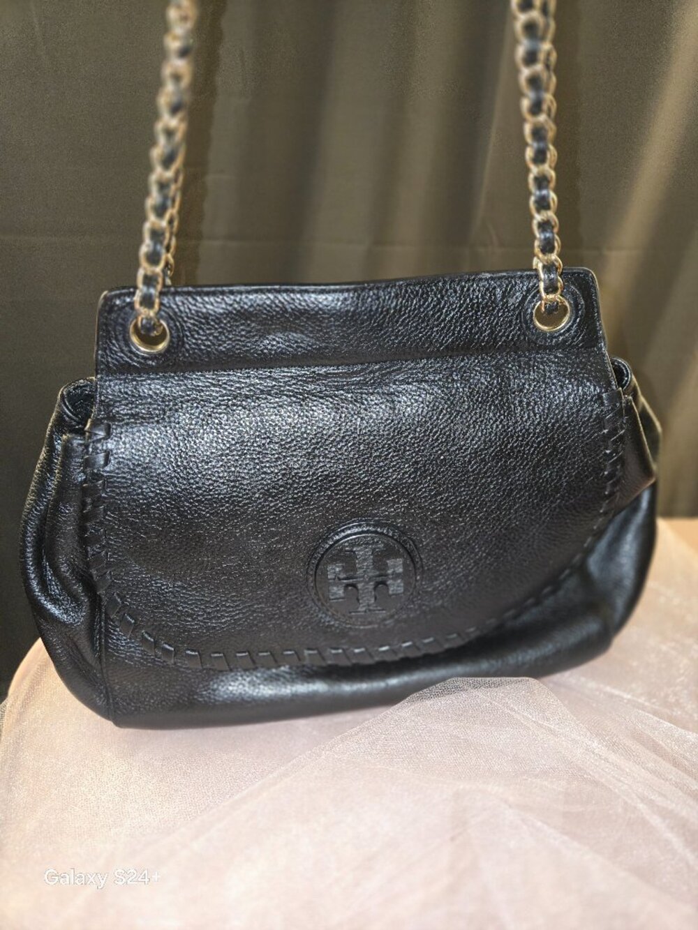 Tory Burch Marion Chain Shoulder Bag – Black Pebbled Leather